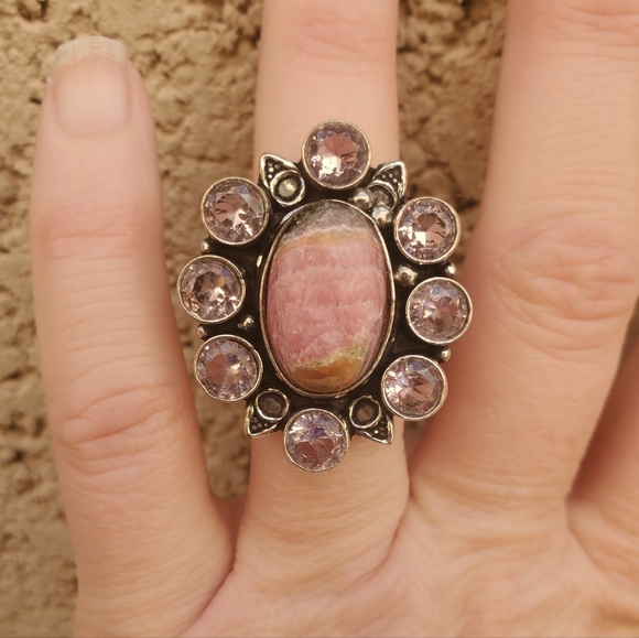 New Oversized Rhodochrosite & Kunzite 925 Silver Statement Ring. - Picture 11 of 14